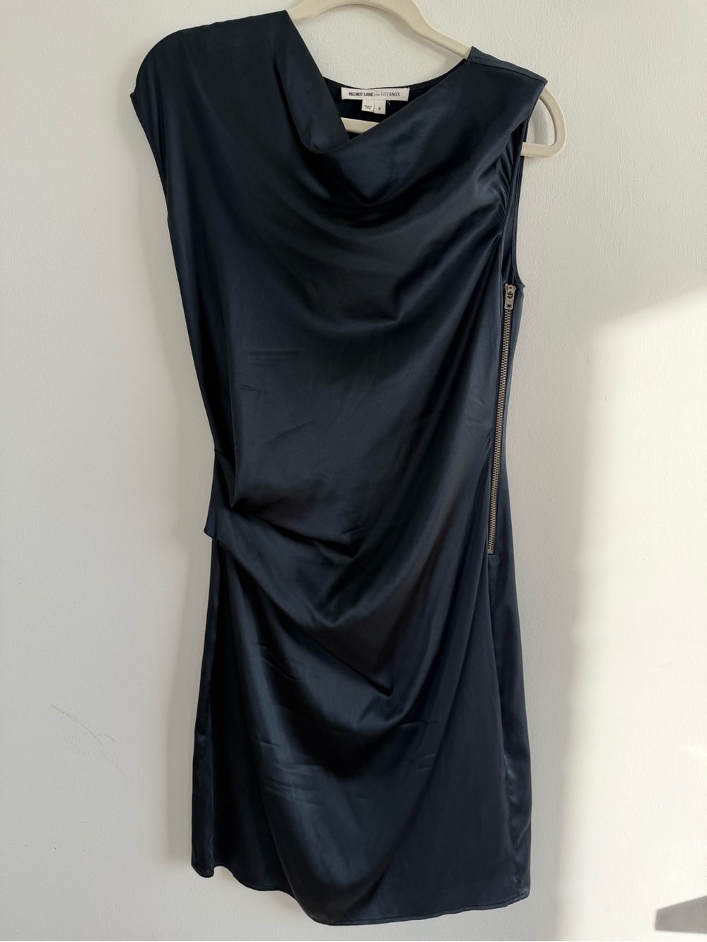Helmut Lang Black Satin Drape Midi Dress with Side Zip